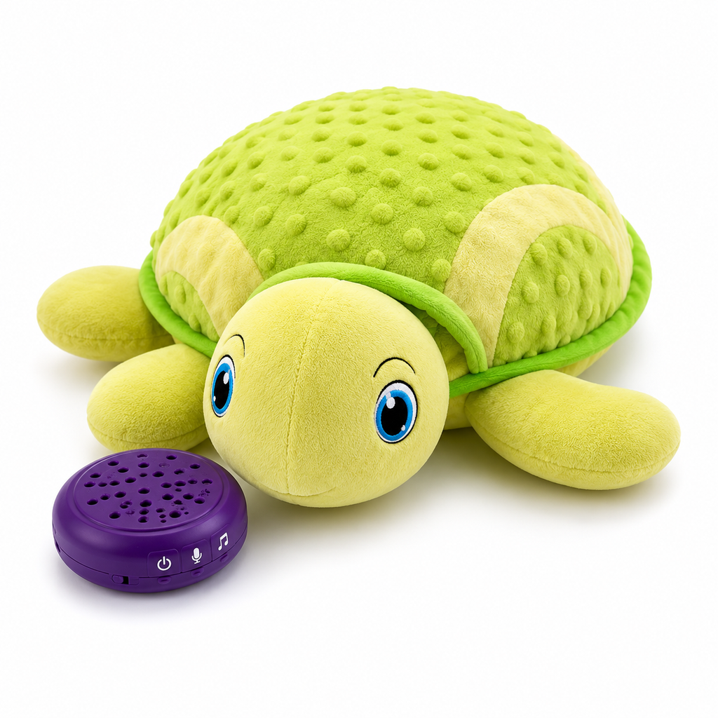 Sensory Vibrating Pillow-Turtle with Music and Voice Recording, a soft green turtle plush with textured shell and a purple detachable speaker for calming sensory play and comfort.