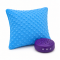 Blue plush Sensory Vibrating Pillow – Pressure-Activated Calming Support for Kids & Adults, 12” with textured bumps, shown with a purple vibration and music control device.