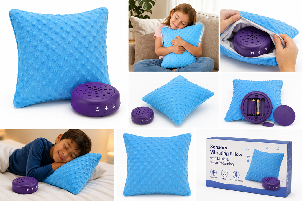 Sensory Vibrating Pillow – Pressure-Activated Calming Support for Kids & Adults, 12” Plush with Textured Bumps, 3 Vibration Modes, Music & Voice Recording (Blue) shown in various uses and features including a removable vibrating unit and packaging.
