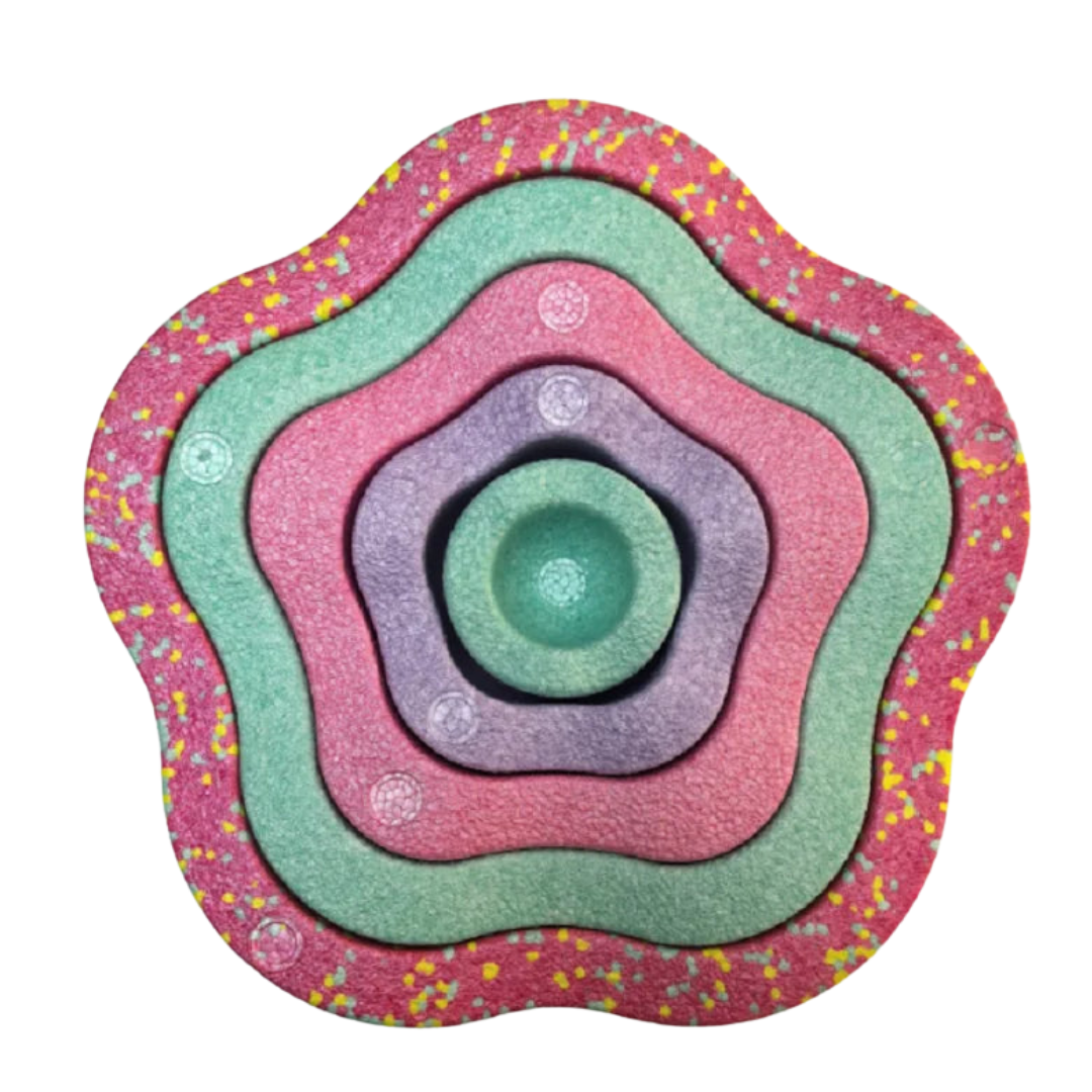 Colorful Kids Foam Stepping Stones Balance Set with five textured, flower-shaped pieces in vibrant pink, green, purple, and teal designed for sensory play and balance development.