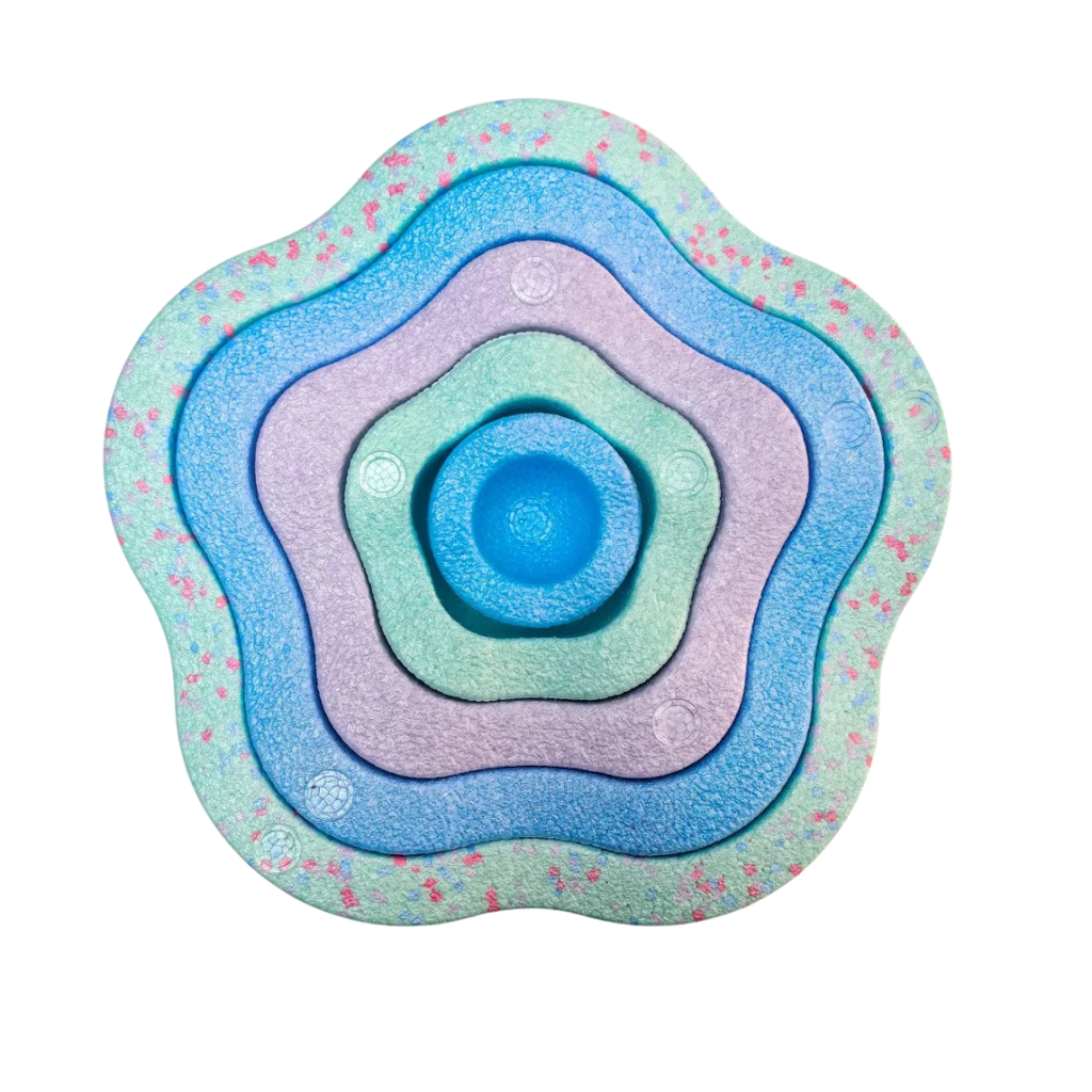 Colorful Kids Foam Stepping Stones Balance Set with layered star-shaped pieces in pastel blue, purple, and green designed for sensory play and balance skill development.