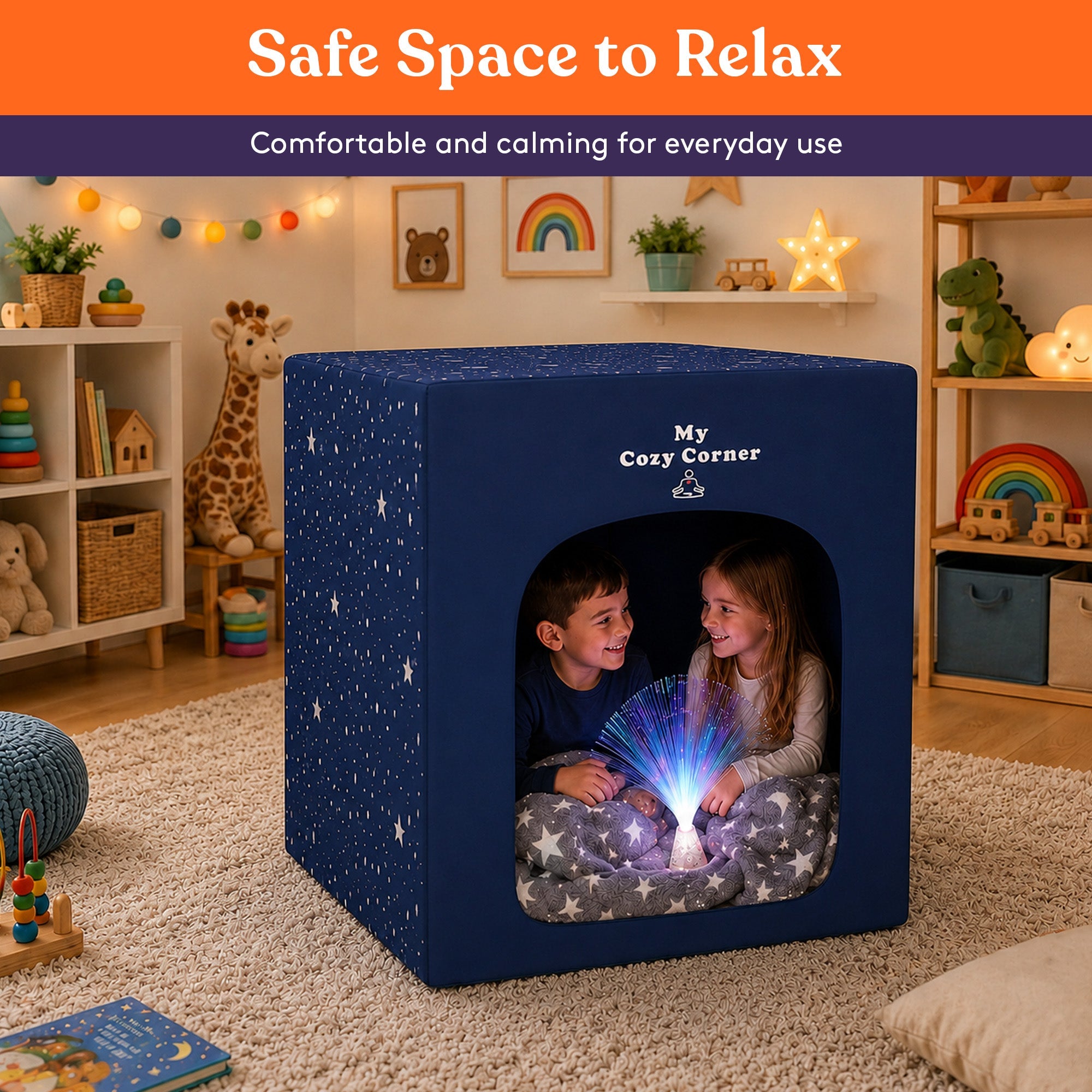 Blackout sensory tent interior view with soft lighting