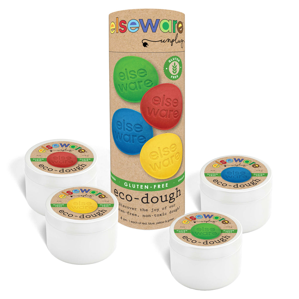 Eco-Dough 4pk | Gluten-Free Natural Playdough Sensory Toy for Kids featuring colorful red, green, blue, and yellow dough tubs in eco-friendly packaging promoting gluten-free sensory play.