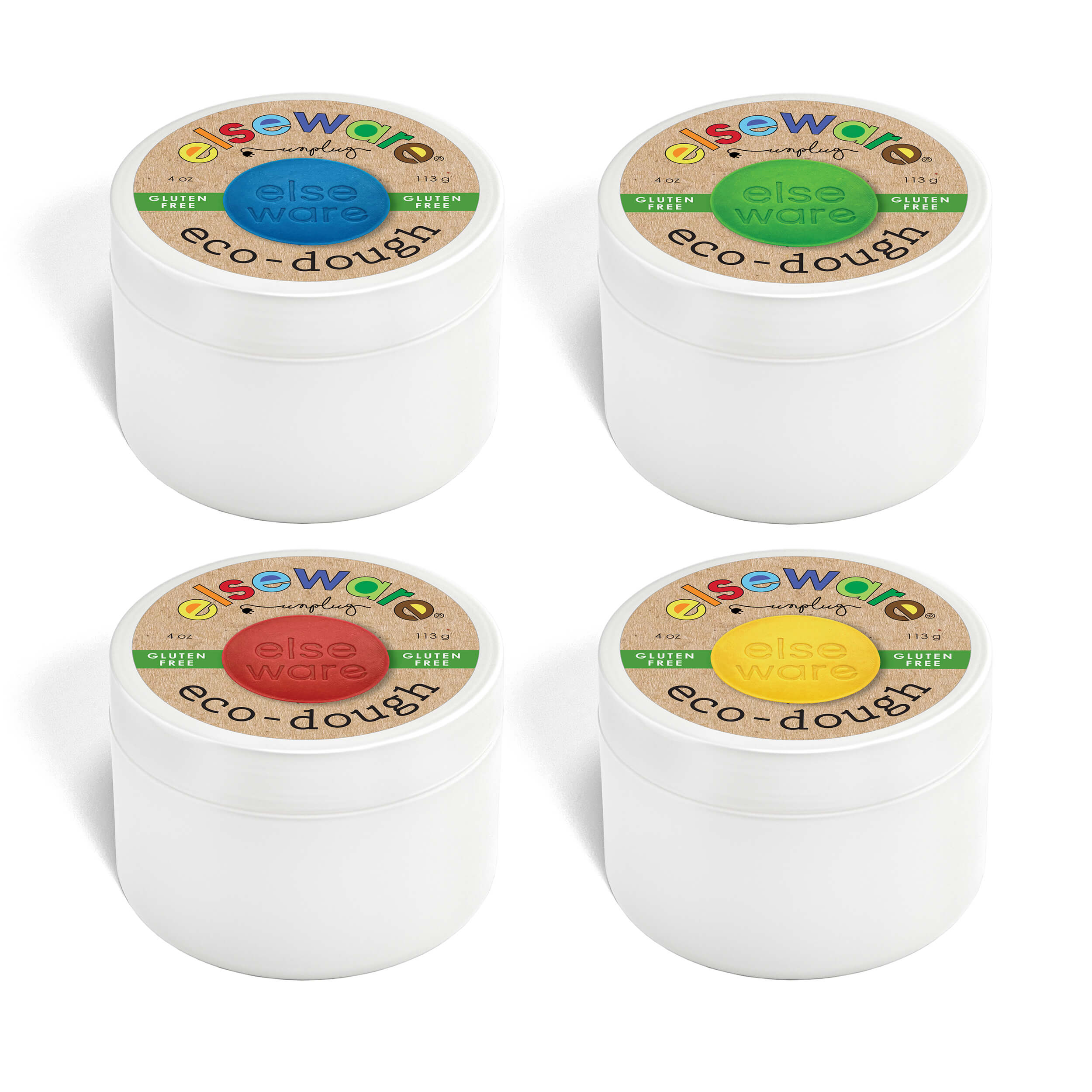 Four white containers of Eco-Dough 4pk | Gluten-Free Natural Playdough Sensory Toy for Kids with colorful eco-dough labels in blue, green, red, and yellow on the lids.