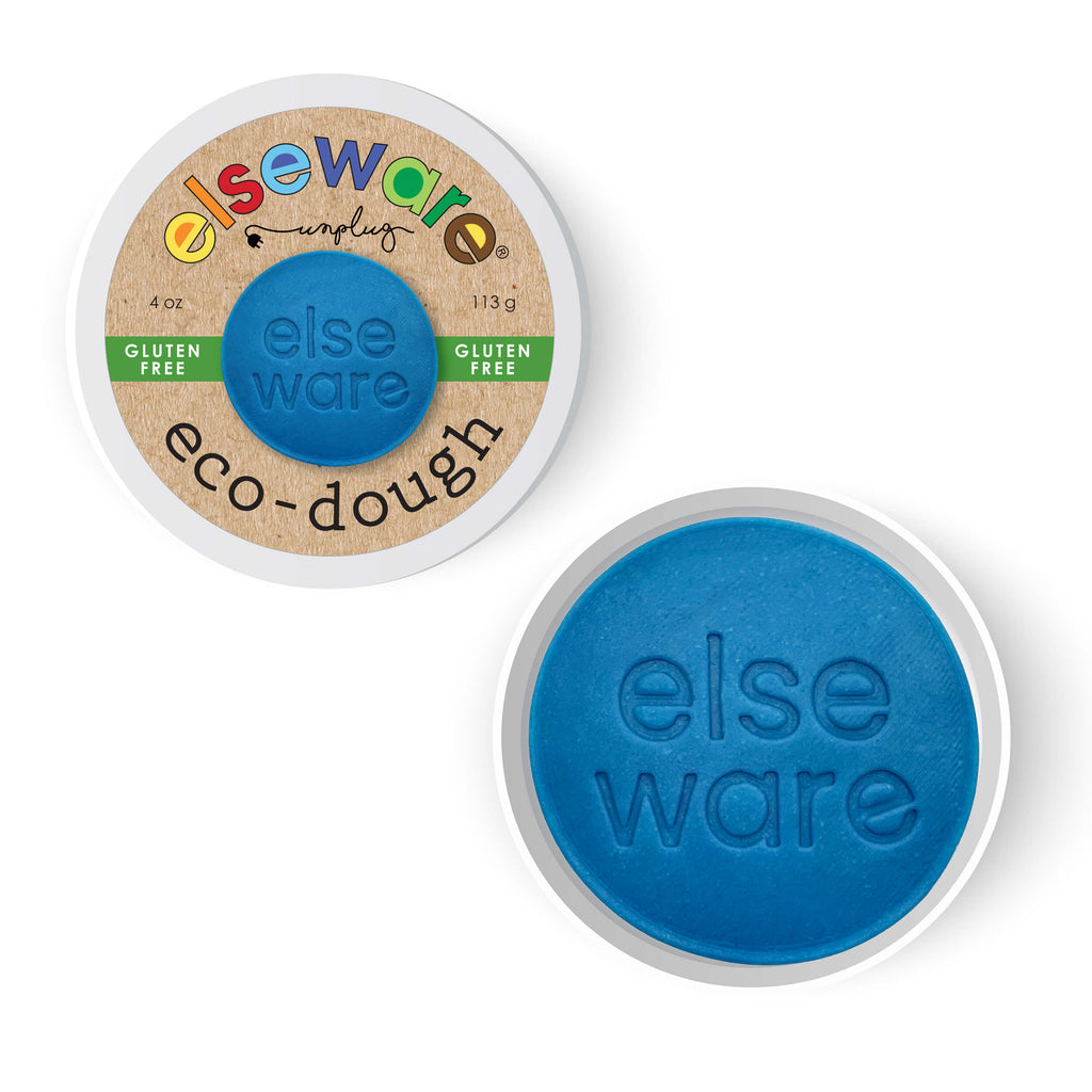 Eco-Dough 4pk | Gluten-Free Natural Playdough Sensory Toy for Kids showing vibrant blue dough with embossed elseware logo in a round container, promoting sensory play and fine motor skills.