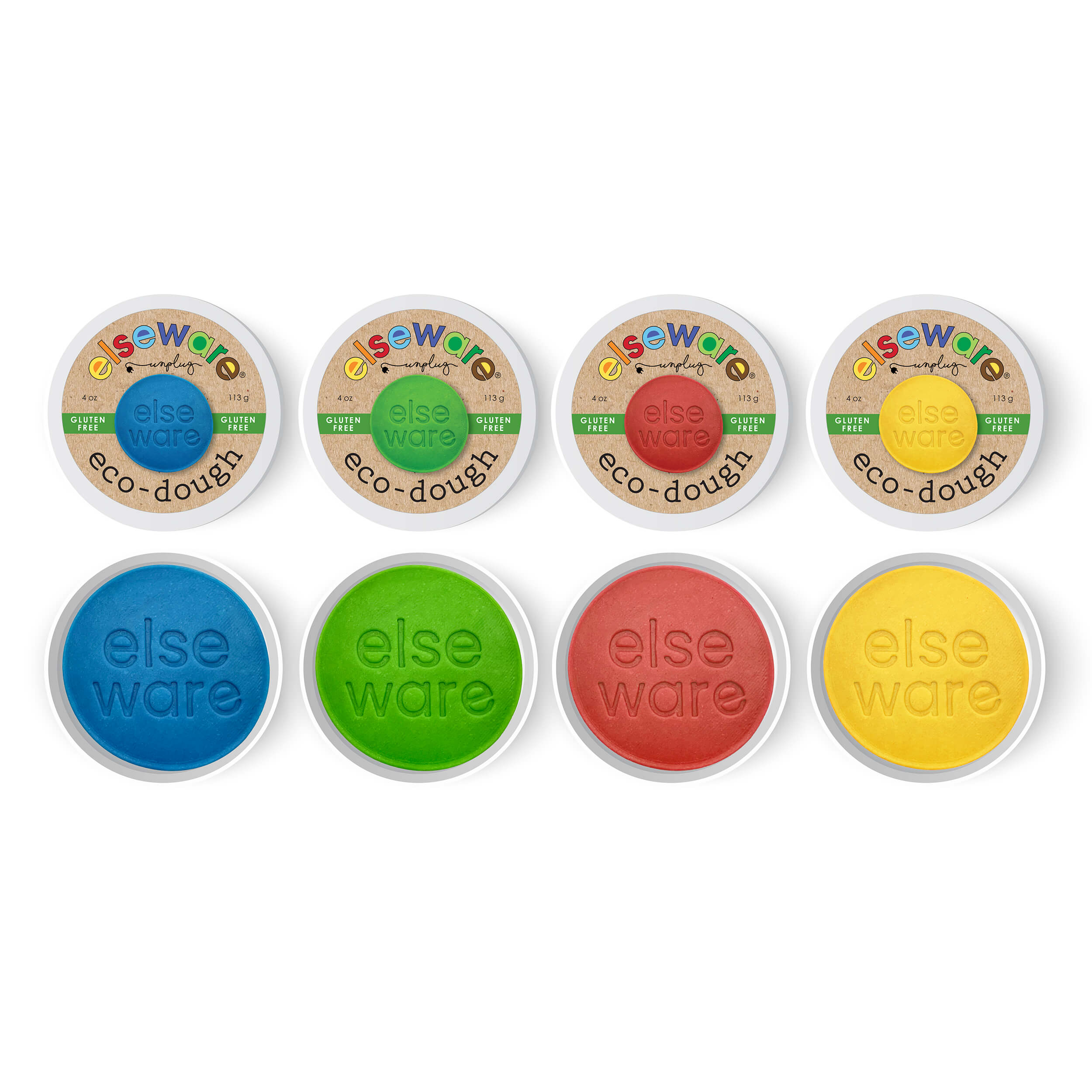 Four tubs of Eco-Dough 4pk | Gluten-Free Natural Playdough Sensory Toy for Kids in blue, green, red, and yellow colors, designed for sensory play and fine motor skills development.