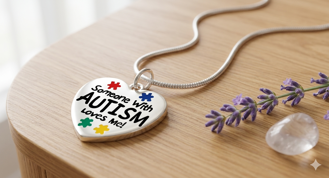 Close-up of a heart-shaped pendant necklace with colorful puzzle piece designs and the text Someone With Autism Loves Me Necklace | Autism Awareness Puzzle Piece Pendant displayed on a wooden surface next to lavender flowers and a clear crystal.