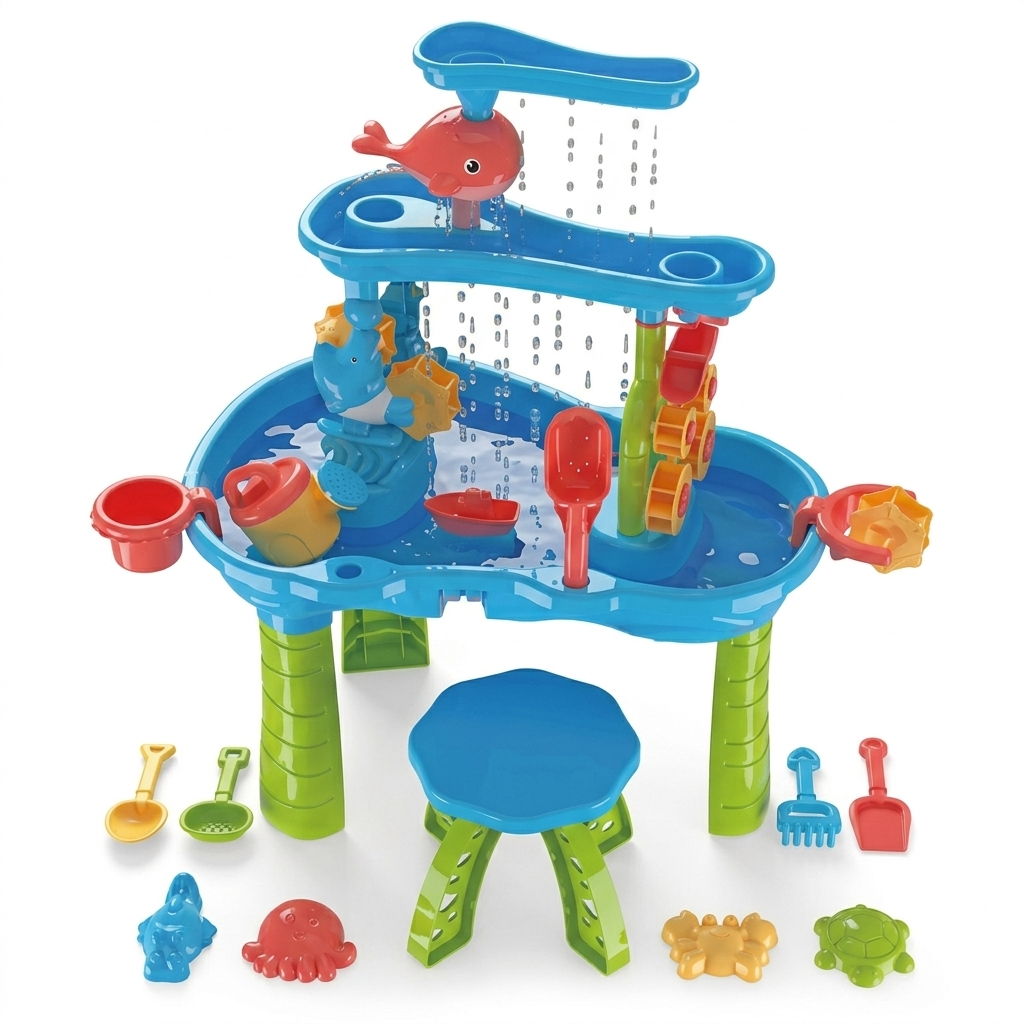 Bright and colorful Kids Sand & Water Sensory Table | Outdoor Play for Ages 3–6 with interactive water wheels, funnels, scoopers, and playful sea animal shapes promoting sensory and fine motor skills.