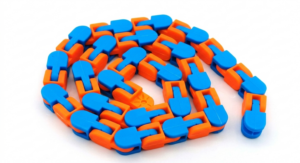 Fidget Chain Bracelet | Wearable Bike Chain Stress Relief Toy for Adults & Teens in bright blue and orange, designed to improve fine motor skills and provide calming sensory stimulation.