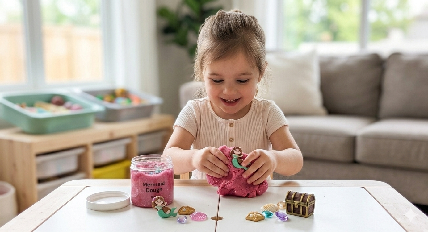 A young girl playing with pink playdough and small mermaid and treasure chest toys on a table indoors, showcasing the Enchanting Mermaid Playdough Sensory Kit.