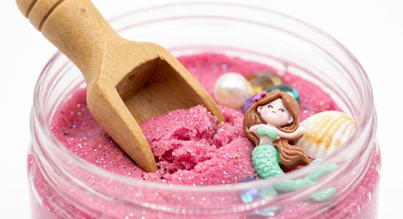 Enchanting Mermaid Playdough Sensory Kit featuring sparkly pink playdough with a wooden scoop, miniature mermaid figurine, and seashells for engaging fine motor sensory play.
