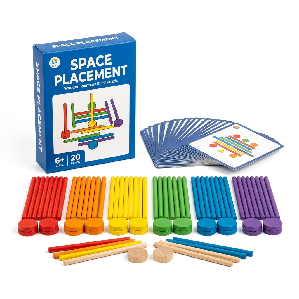 Wooden Rainbow Stick Puzzle for Kids with colorful wooden sticks and discs arranged by color alongside instructional cards for developing fine motor skills and spatial reasoning.