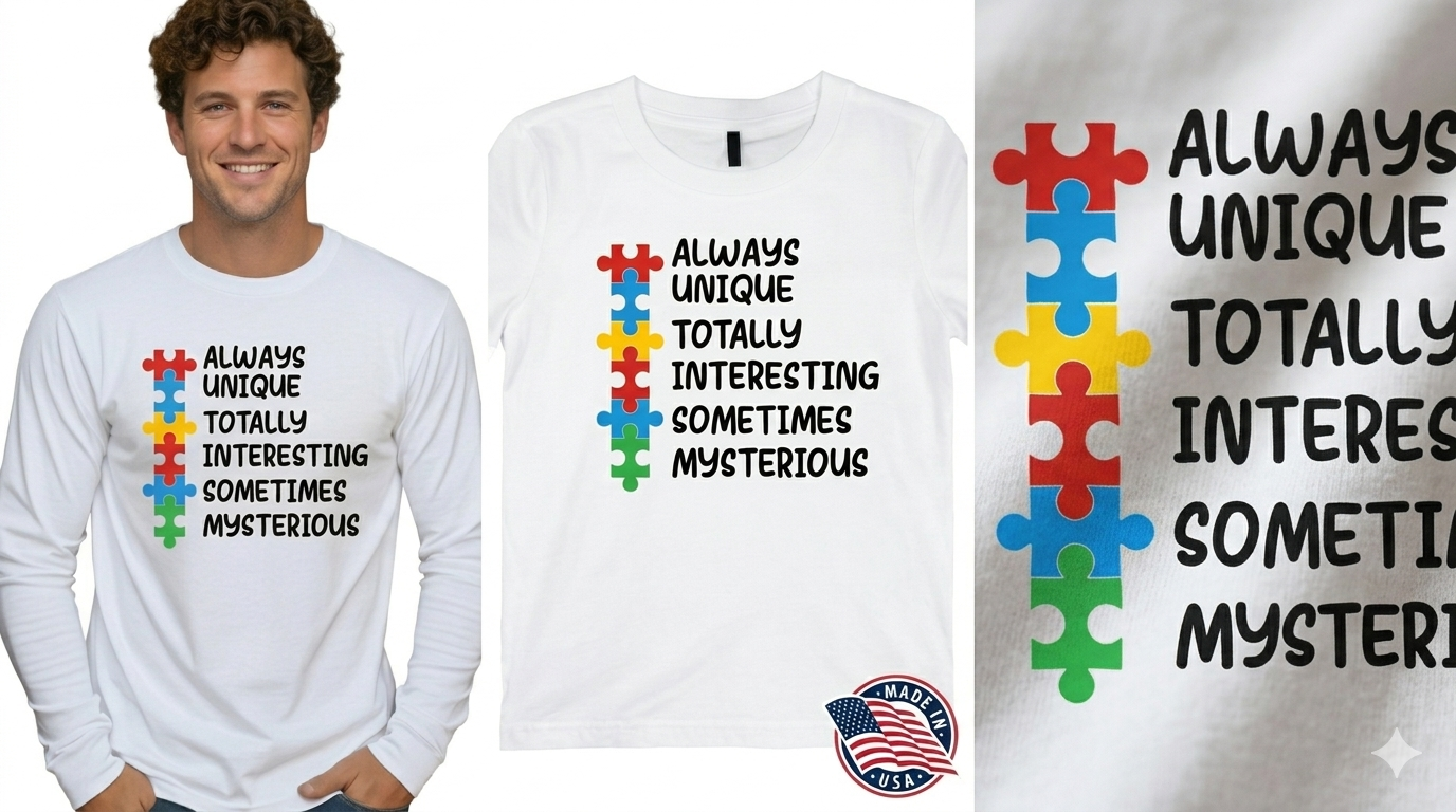 A man wearing a white long-sleeve "Lovable AUTISM – Multi Color Tee" featuring a colorful puzzle piece design and positive words like always unique, totally interesting, sometimes mysterious.