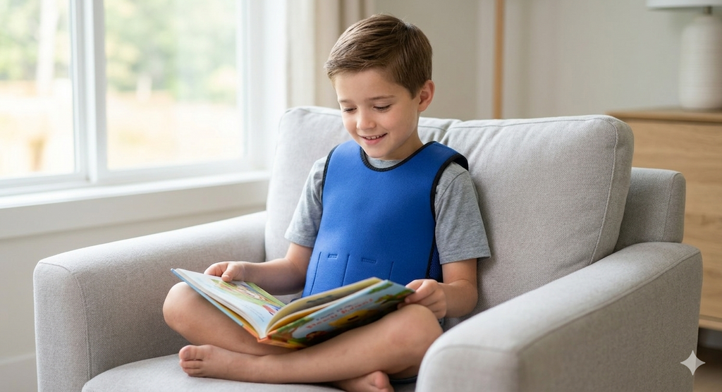 A young boy sitting cross-legged on a gray armchair wearing the WEIGHTED - Sensory Compression Vest for Kids with Processing Disorders ADHD and Autism Calming and Supportive with Adjustable Weight Fit while reading a colorful book indoors.
