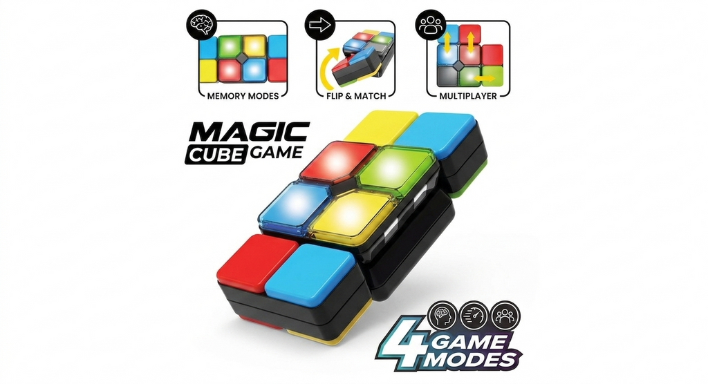 Magic Cube Electronic Fidget Game | Flip, Slide & Match Memory Toy for Kids & Adults with colorful light-up buttons and four game modes including memory, flip & match, and multiplayer.