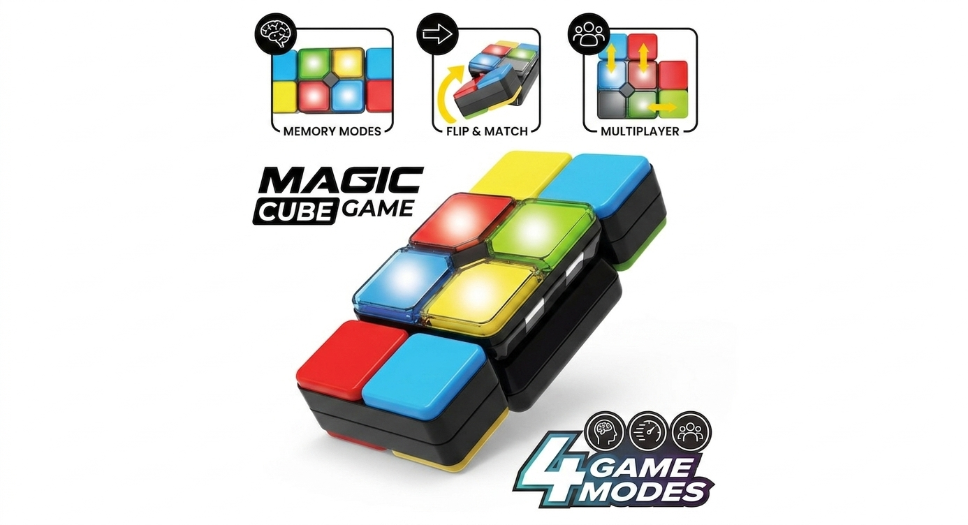 Magic Cube Electronic Fidget Game | Flip, Slide & Match Memory Toy for Kids & Adults with colorful light-up buttons and four game modes including memory, flip & match, and multiplayer.