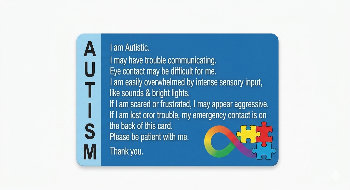 Write-On Autism Awareness Card | Reusable Communication Card for Nonverbal & AAC Users displaying a blue card with important communication phrases and a colorful autism puzzle ribbon symbol.