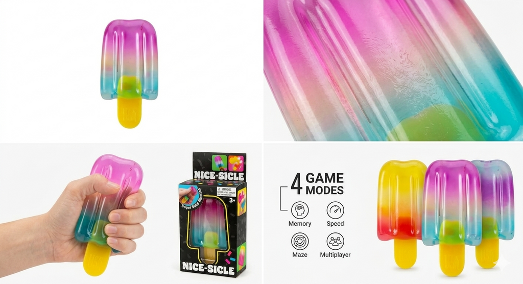 Colorful rainbow popsicle-shaped squishy toy emphasizing soft texture and slow rebound, designed as a stress relief and sensory fidget item for ages 14+, called Squishy Cube Sensory Fidget Toy | Soft Slow-Rebound Stress Relief for Ages 14+