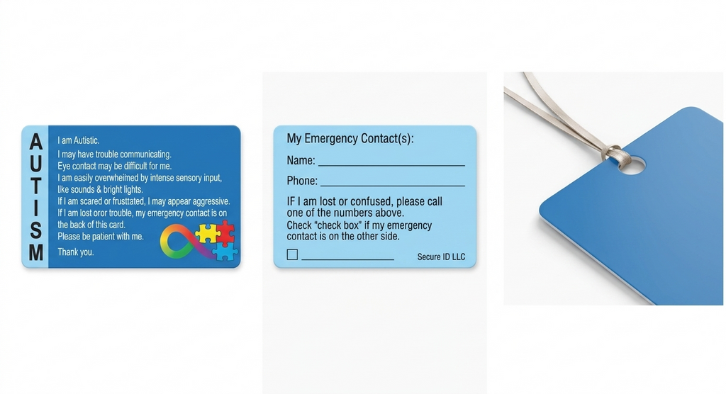 Write-On Autism Awareness Card | Reusable Communication Card for Nonverbal & AAC Users featuring blue adjustable ID tag with emergency contact information and autism awareness details.