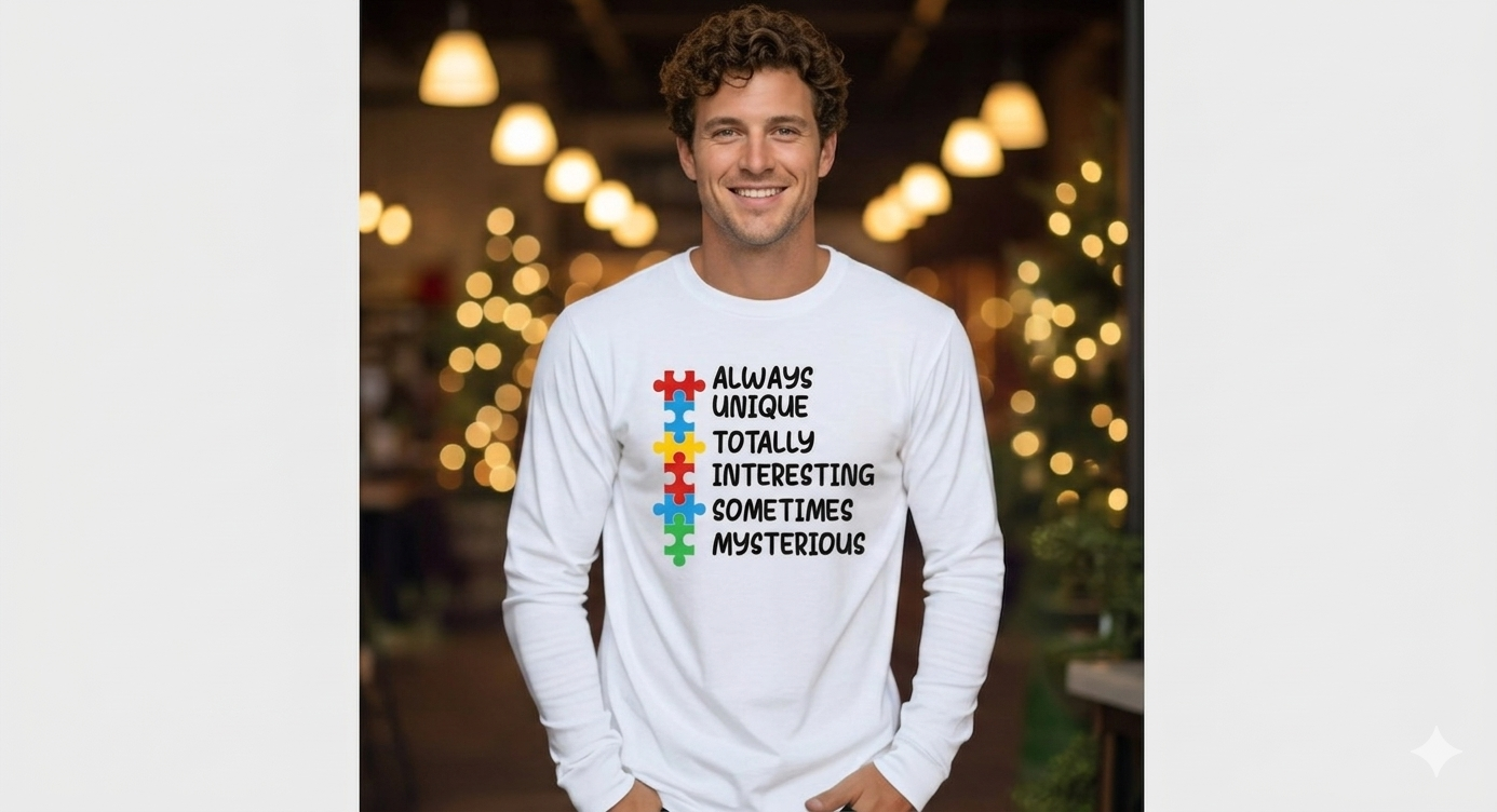 Man wearing a white long-sleeve shirt with a colorful puzzle piece design and the words Always Unique Totally Interesting Sometimes Mysterious, showcasing the Lovable AUTISM – Multi Color Tee.