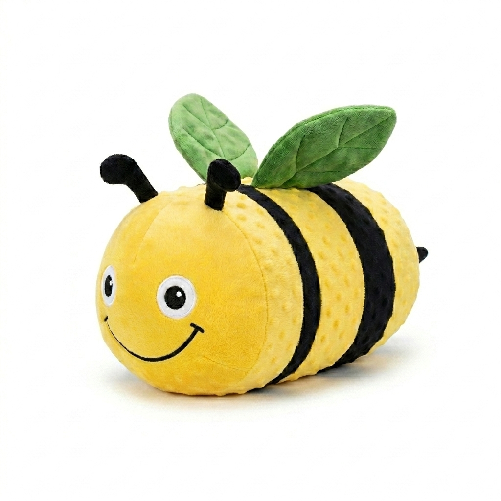Soft yellow and black striped Sensory Vibrating Pillow - Bumble Bee with smiling face, green fabric wings, and textured body designed as a calming sensory toy.