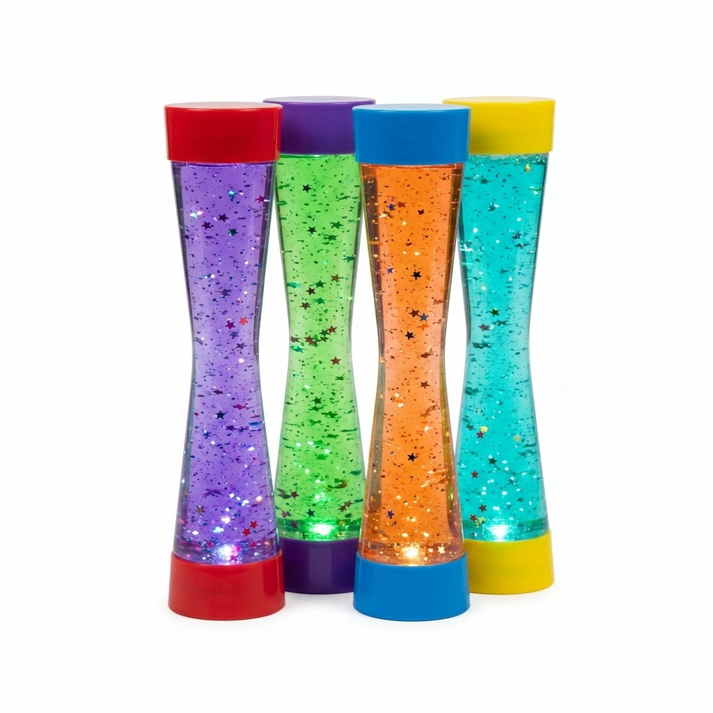 Special Supplies Light-Up Glitter Sensory Tubes – 4-Pack - Liquid Motion Timers for Stress Relief, Focus, and Relaxation - Colorful Calm Down Bottles for Kids a in purple, green, orange, and blue with star-shaped glitter inside.