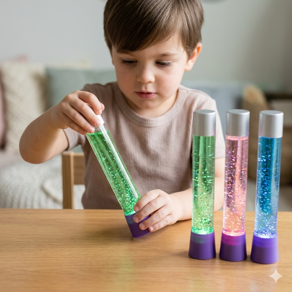 Young child holding a green liquid motion timer with glitter, next to three other colorful glowing sensory tubes on a table, Special Supplies Light-Up Glitter Sensory Tubes – 4-Pack - Liquid Motion Timers for Stress Relief, Focus, and Relaxation - Colorful Calm Down Bottles for Kids a.