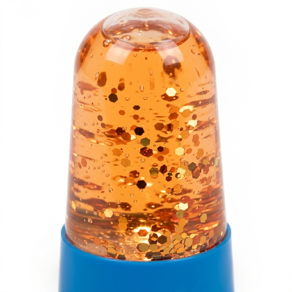 Special Supplies Light-Up Glitter Sensory Tubes – 4-Pack - Liquid Motion Timers for Stress Relief, Focus, and Relaxation - Colorful Calm Down Bottles for Kids a with orange glitter and blue base for calming sensory play.