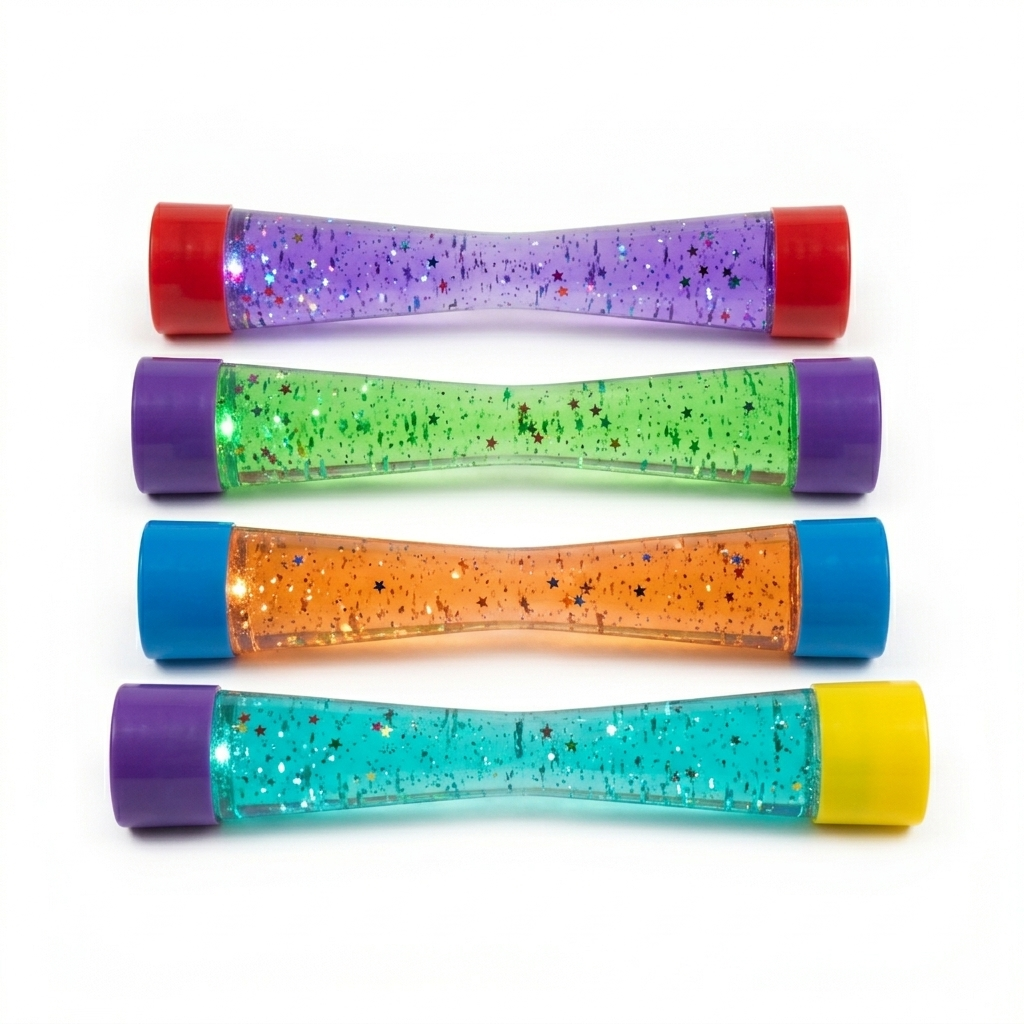 Special Supplies Light-Up Glitter Sensory Tubes – 4-Pack - Liquid Motion Timers for Stress Relief, Focus, and Relaxation - Colorful Calm Down Bottles for Kids a shown in purple, green, orange, and blue colors with glitter and star shapes inside.