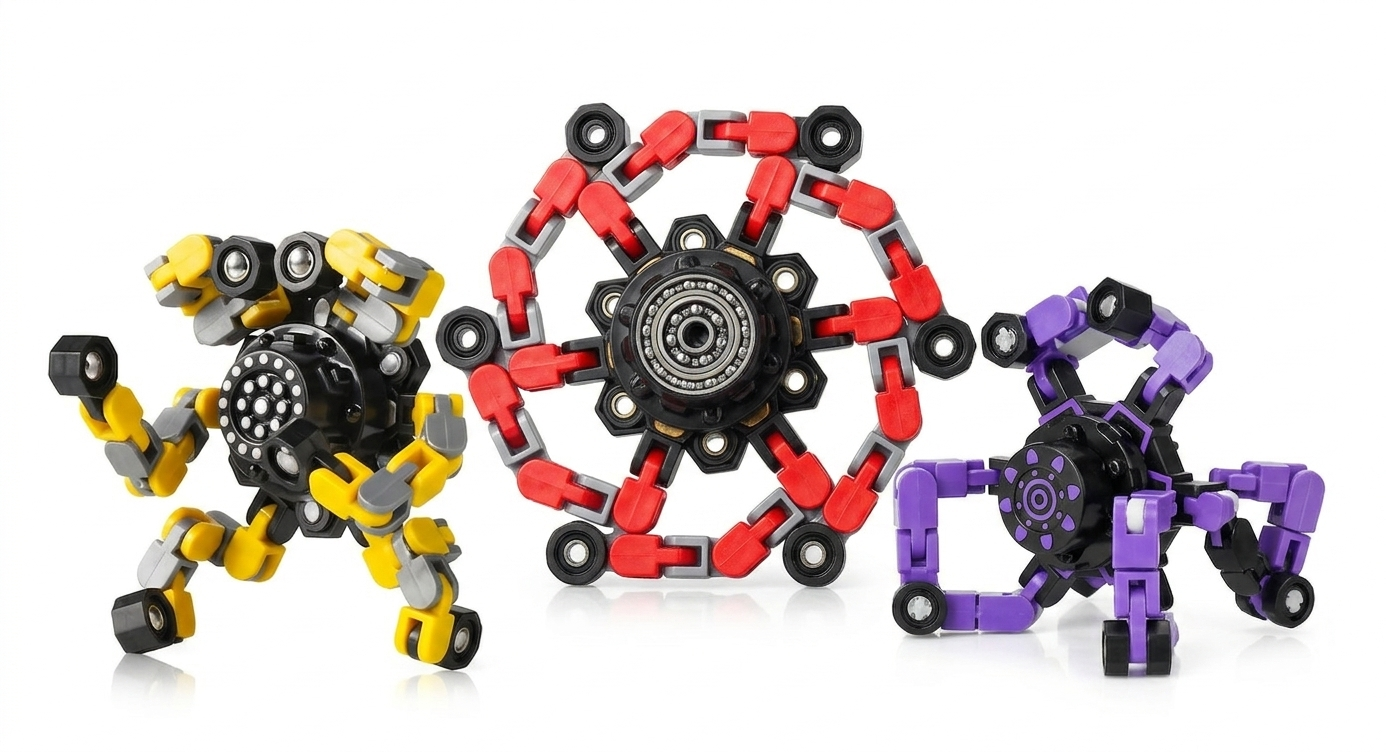 3-Pack Transformable Fidget Spinners | Shape-Shifting Sensory Toys for Kids & Adults in yellow, red, and purple colors designed for calming and fine motor skill development.