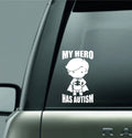 MY HERO HAS AUTISM Vinyl Decal Sticker For Car Truck Laptop Decorative Autism Awareness Decals showing a child superhero figure with a puzzle piece symbol in white on a car window.