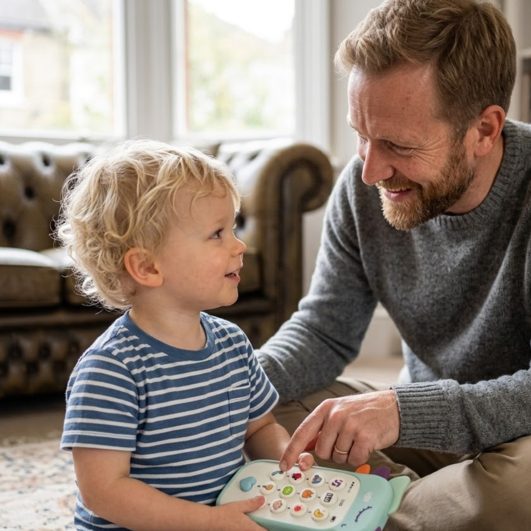 A toddler playing with an Interactive Baby Music Phone Toy with Lights & Sounds while an adult man smiles and engages with the child in a cozy living room setting.