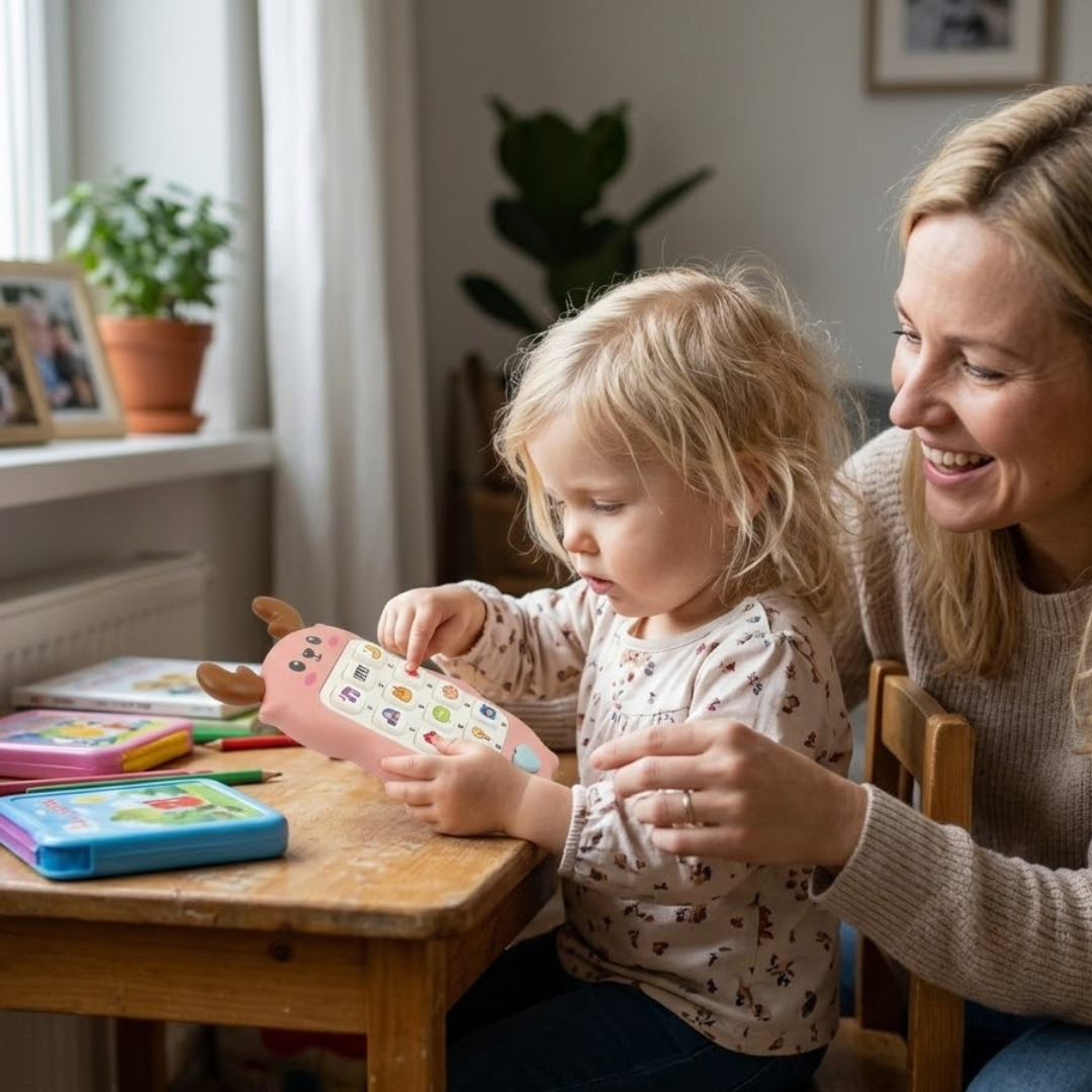 A young child playing with an Interactive Baby Music Phone Toy with Lights & Sounds at a wooden table, while an adult woman smiles and engages nearby in a cozy, well-lit room.