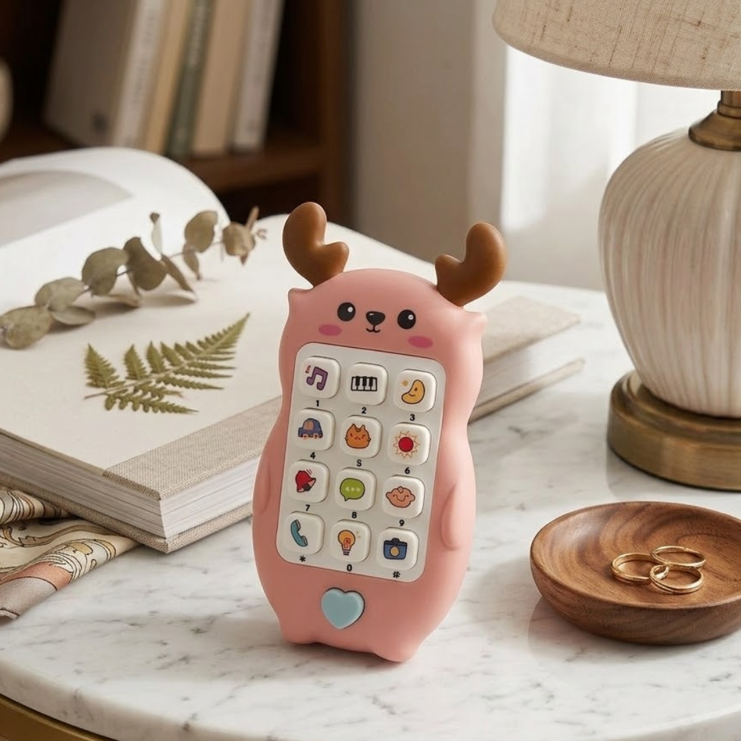 Interactive Baby Music Phone Toy with Lights & Sounds shaped like a pink animal with antlers, featuring colorful buttons displaying music and playful icons, designed for sensory play.