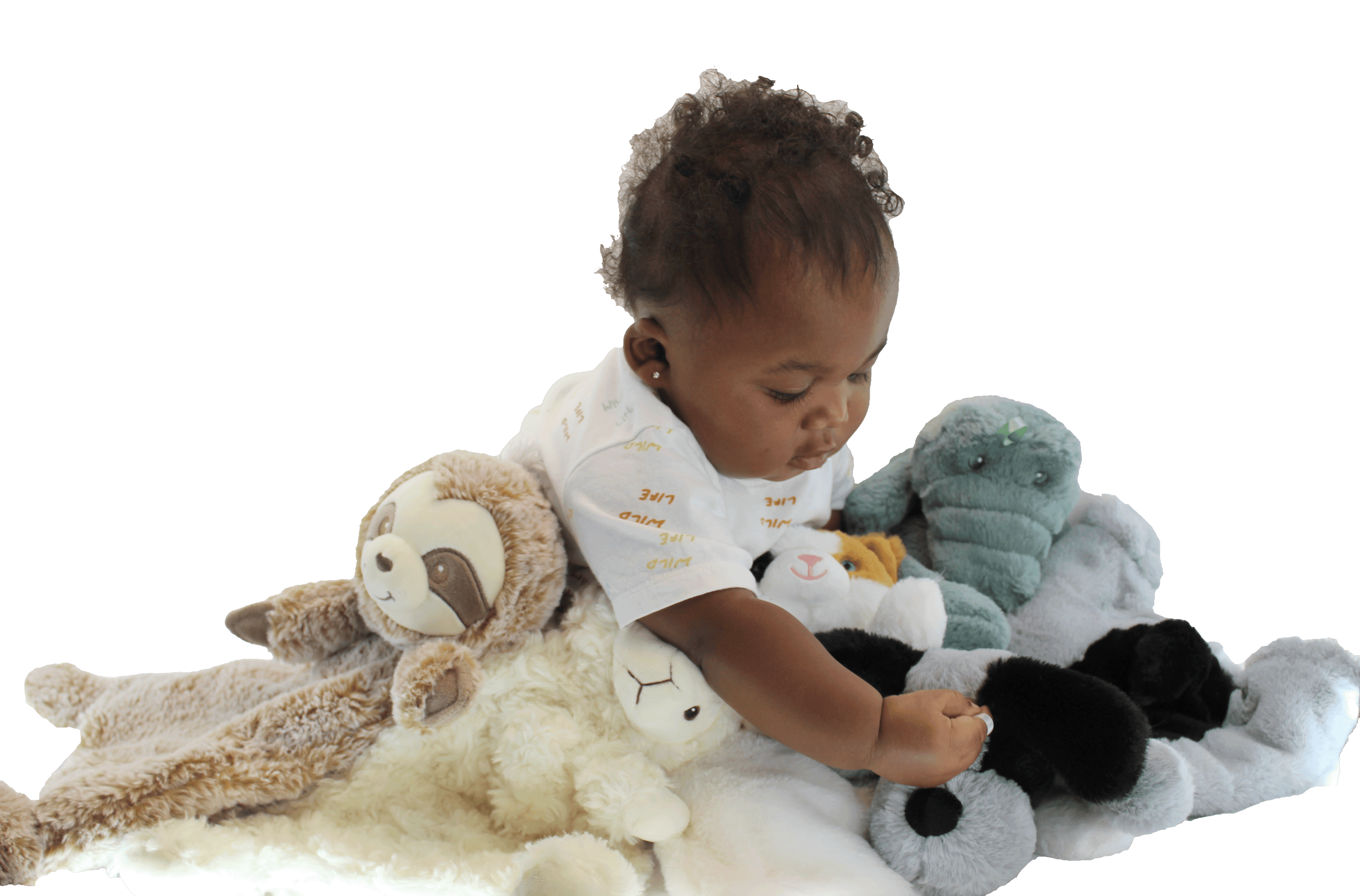 Baby playing with a variety of soft plush toys including the Crinkle Cuddler Sensory Plush Gator | Baby Sensory Toy for Soothing & Stimulation designed for calming and sensory development.