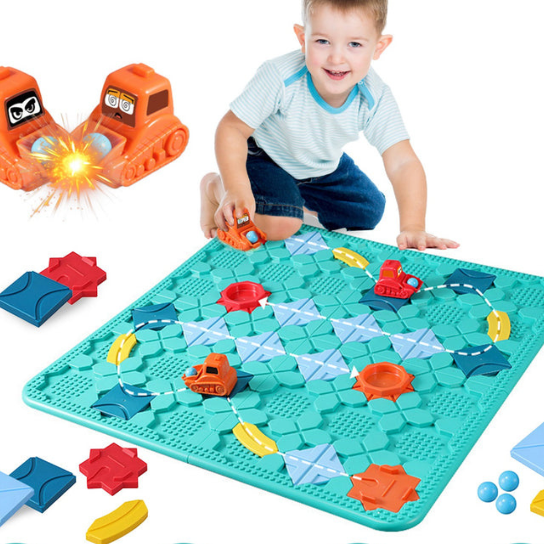 Kids playing with logical road builder STEM puzzle set