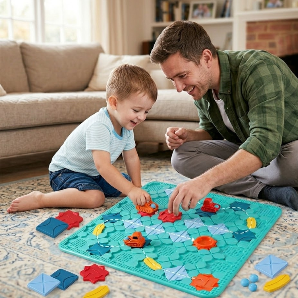Educational road building toy with 206 puzzle challenges