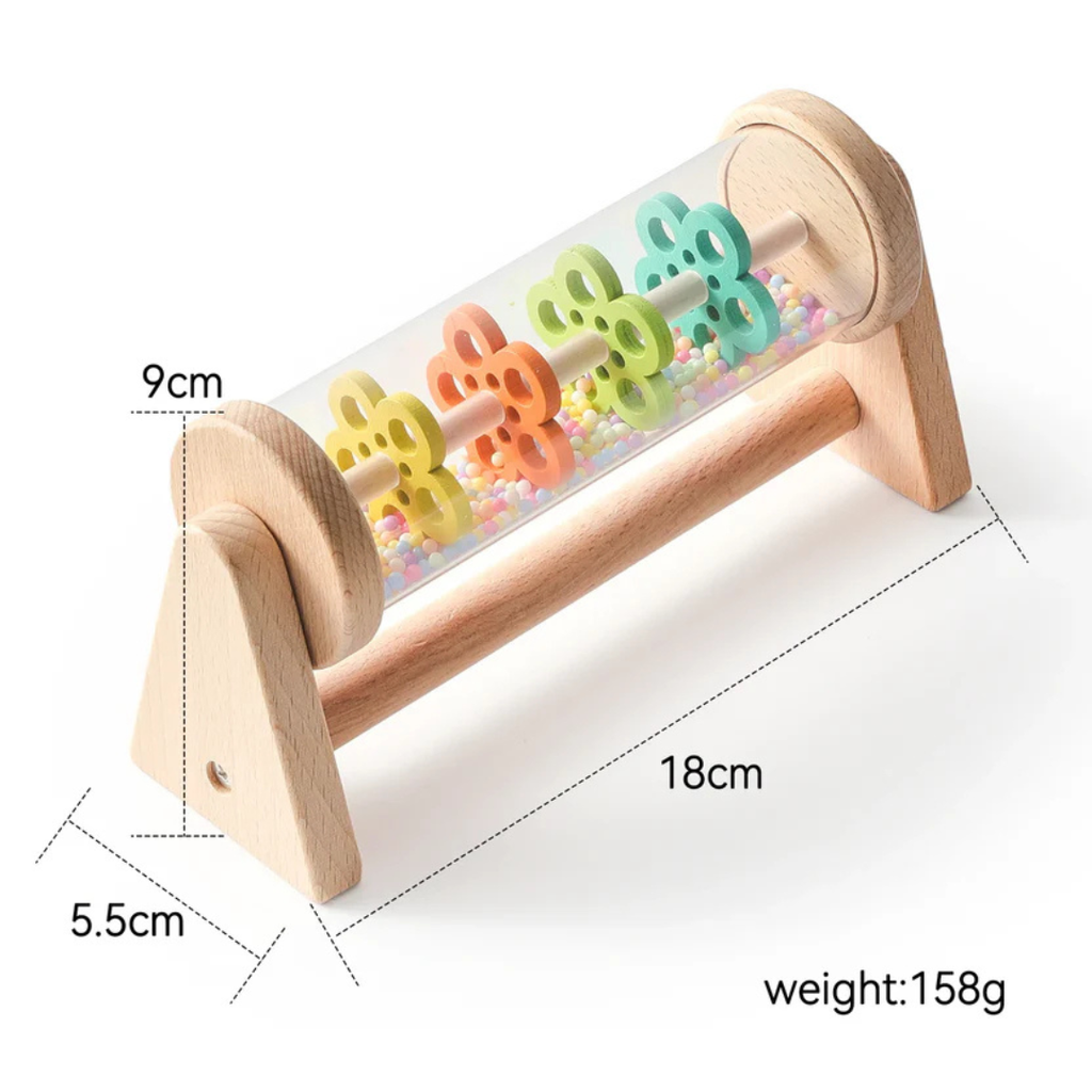 Montessori Wooden Rain Stick Rattle Toy with colorful flower-shaped beads inside a clear tube, mounted on a natural wood frame, designed for sensory and fine motor skill development.