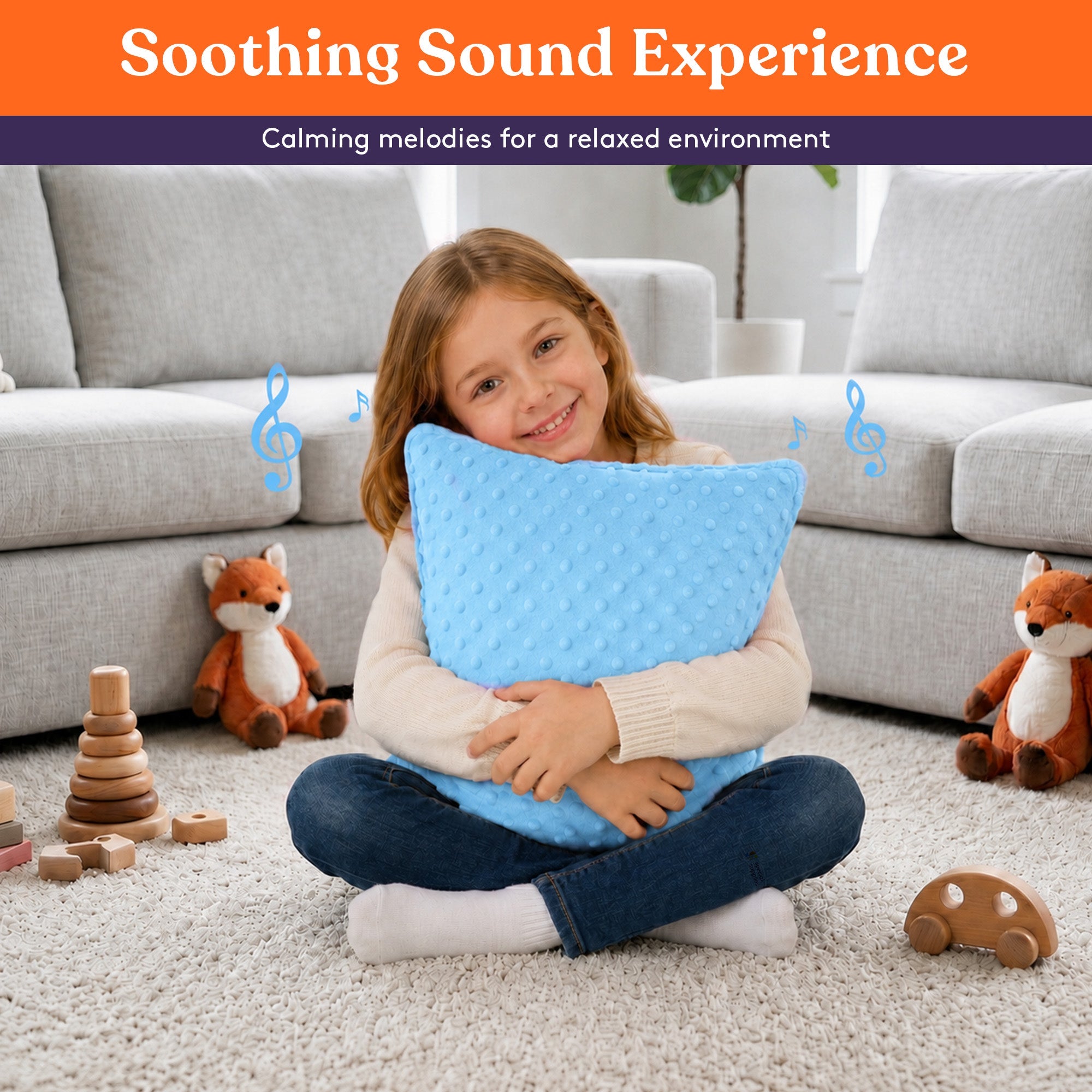 Young girl sitting on carpet hugging a blue Sensory Vibrating Pillow – Pressure-Activated Calming Support for Kids & Adults, 12” Plush with Textured Bumps, 3 Vibration Modes, Music & Voice Recording (Blue) in a cozy living room with soft toys around.