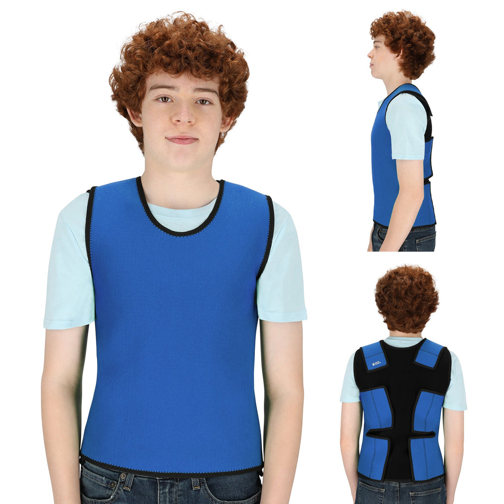 Teenage boy wearing a blue Deep Pressure Sensory Compression Vest shown from front, side, and back angles, designed to provide calming sensory input and support.