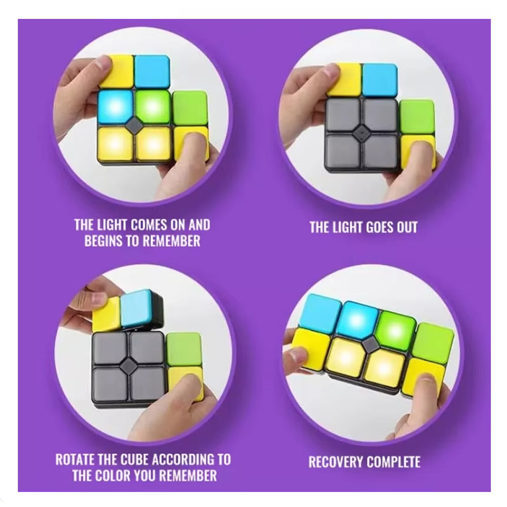 Hands manipulating a colorful electronic puzzle with light-up squares demonstrating memory gameplay stages on the Magic Cube Electronic Fidget Game | Flip, Slide & Match Memory Toy for Kids & Adults.