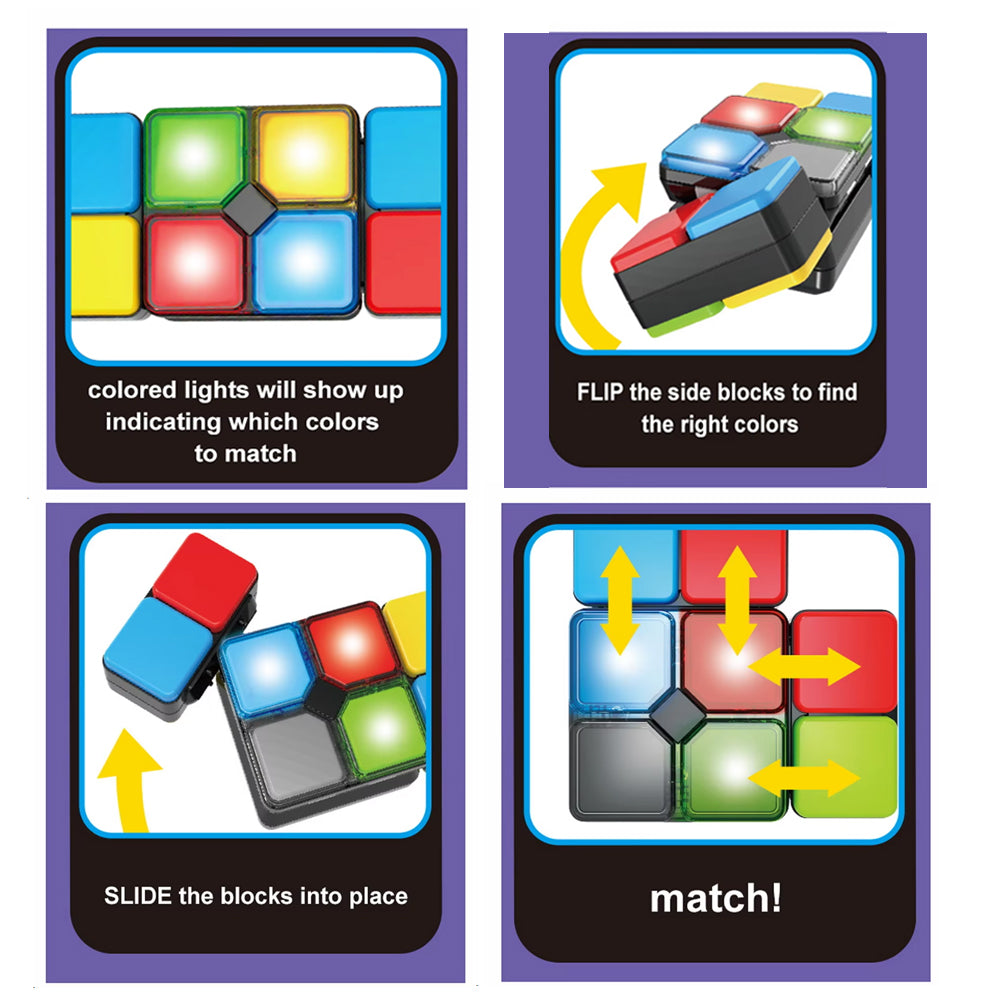 Instructional images showing how to use the Magic Cube Electronic Fidget Game | Flip, Slide & Match Memory Toy for Kids & Adults, demonstrating colored lights, flipping, sliding blocks, and matching colors.