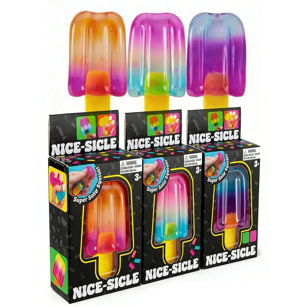Colorful popsicle-shaped soft squishy toys displayed in packaging labeled Nice-Sicle, shown as sensory fidget tools for stress relief with bright gradient colors, photo exemplifying Squishy Cube Sensory Fidget Toy | Soft Slow-Rebound Stress Relief for Ages 14+.