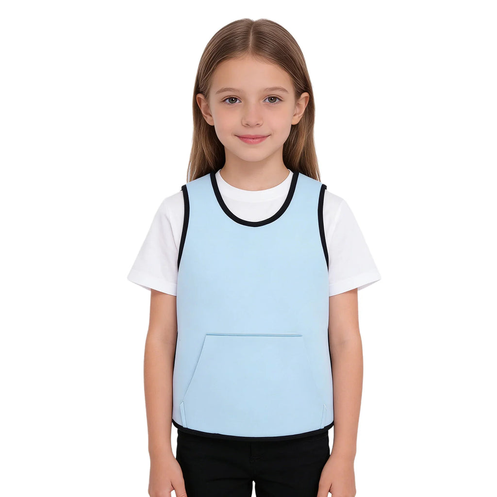 Young girl wearing a light blue Weighted Vest Kids Boys Girls Special Needs Adaptive Clothing Adjustable Fastener Sensory Compression Vest for Autism ADHD SPD over a white t-shirt, designed for calming sensory support.