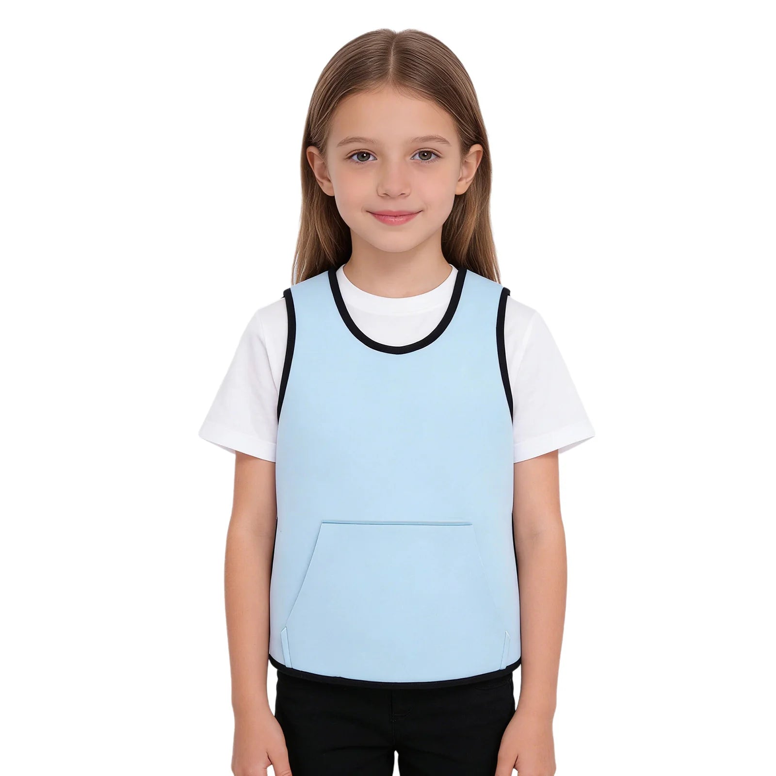 Young girl wearing a light blue Weighted Vest Kids Boys Girls Special Needs Adaptive Clothing Adjustable Fastener Sensory Compression Vest for Autism ADHD SPD over a white t-shirt, designed for calming sensory support.