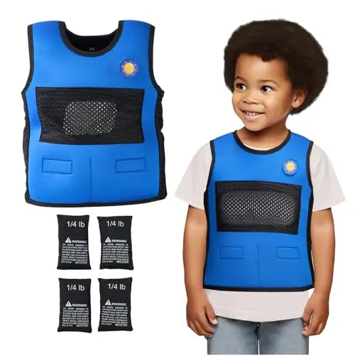 JahBri Kids Adjustable Weighted Compression Vest product lifestyle image showing calm child wearing vest for sensory regulation