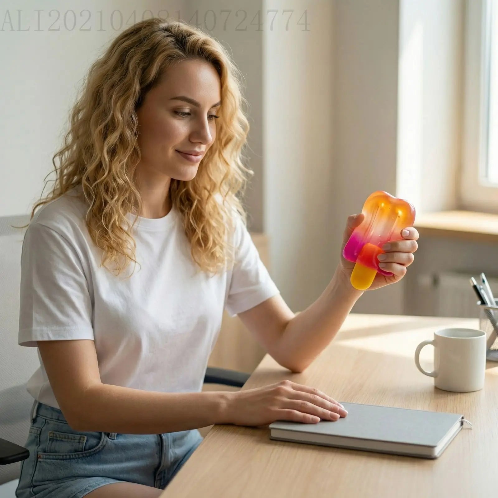 A woman sitting at a desk holding a colorful Squishy Cube Sensory Fidget Toy | Soft Slow-Rebound Stress Relief for Ages 14+ while smiling, with a notebook and mug nearby.