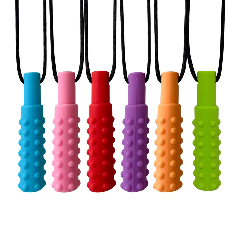 3PCS Sensory Chew Necklace A sensory oral aid teether toy for autism, hyperactivity, infant breastfeeding or special needs in multiple bright colors with textured surfaces on black cords