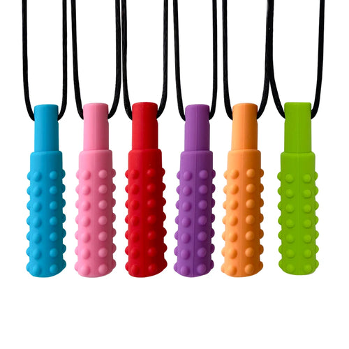 3PCS Sensory Chew Necklace A sensory oral aid teether toy for autism, hyperactivity, infant breastfeeding or special needs in multiple bright colors with textured surfaces on black cords
