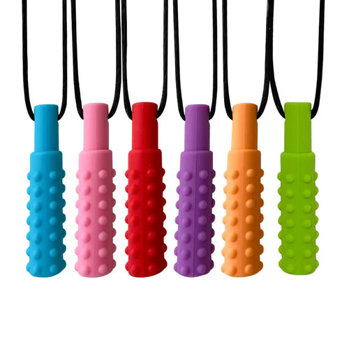 Sensory chew necklace 3-pack in multiple bright colors with textured surfaces, oral motor aid for kids with autism or ADHD